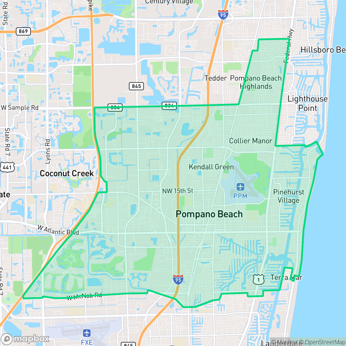 Map showing the location of Pompano Beach, FL — coverage area
