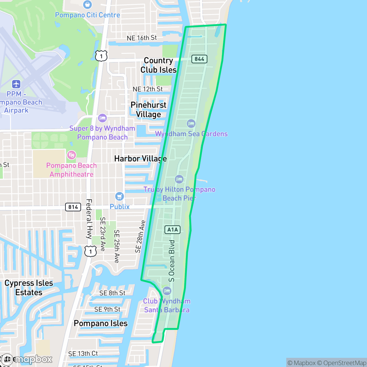 Map showing the location of Beach, Pompano Beach, FL