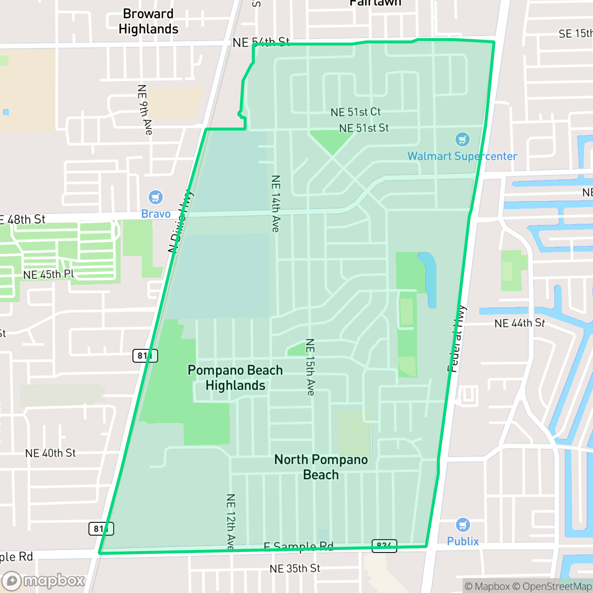 Map showing the location of Highlands, Pompano Beach, FL