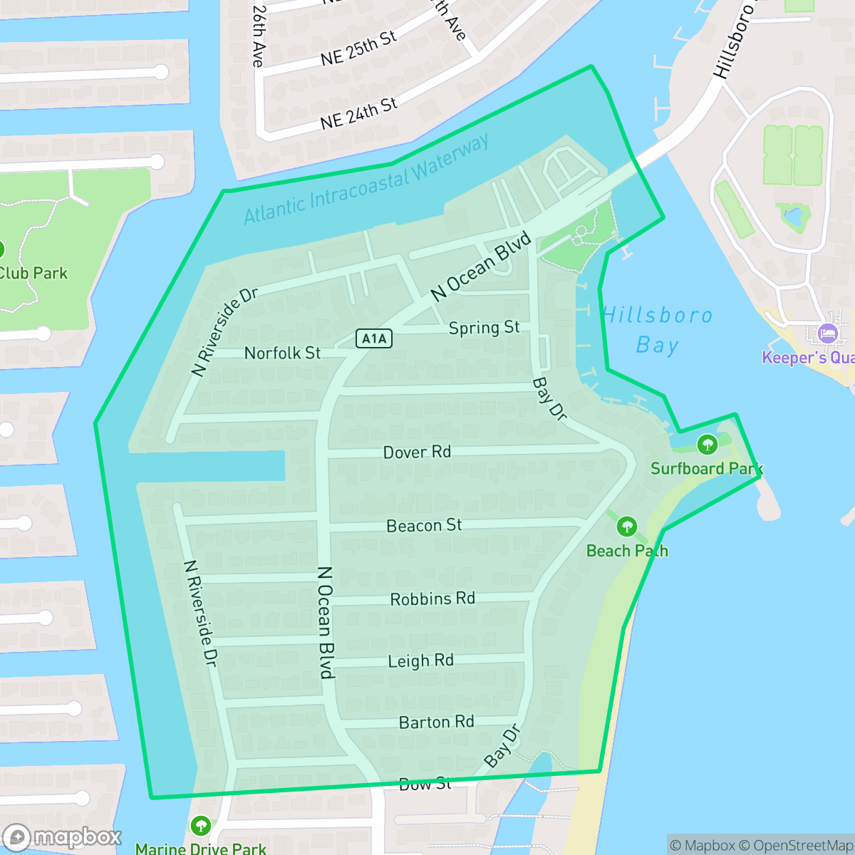 Map showing the location of Hillsboro Shores, Pompano Beach, FL