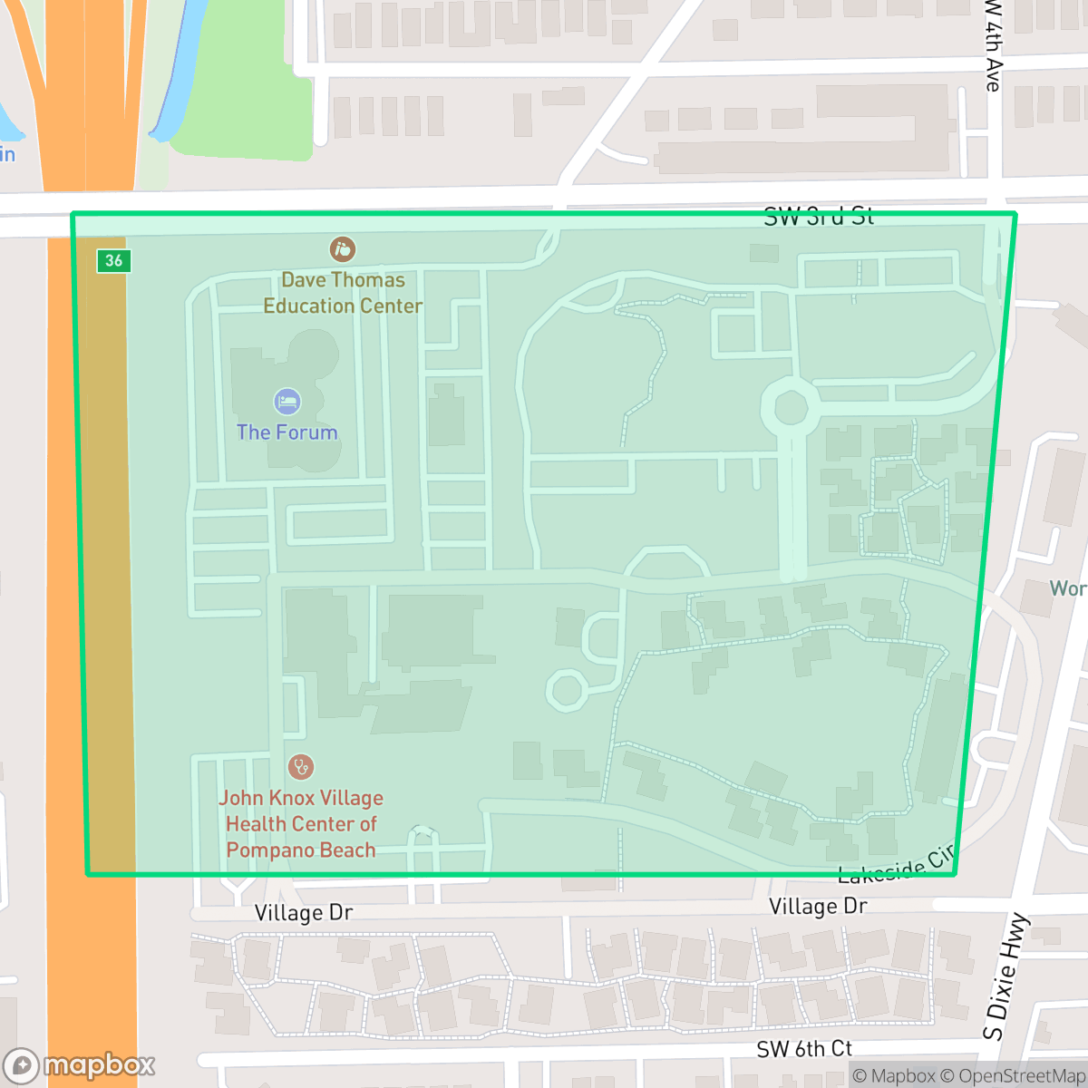 Map showing the location of John Knox Village, Pompano Beach, FL