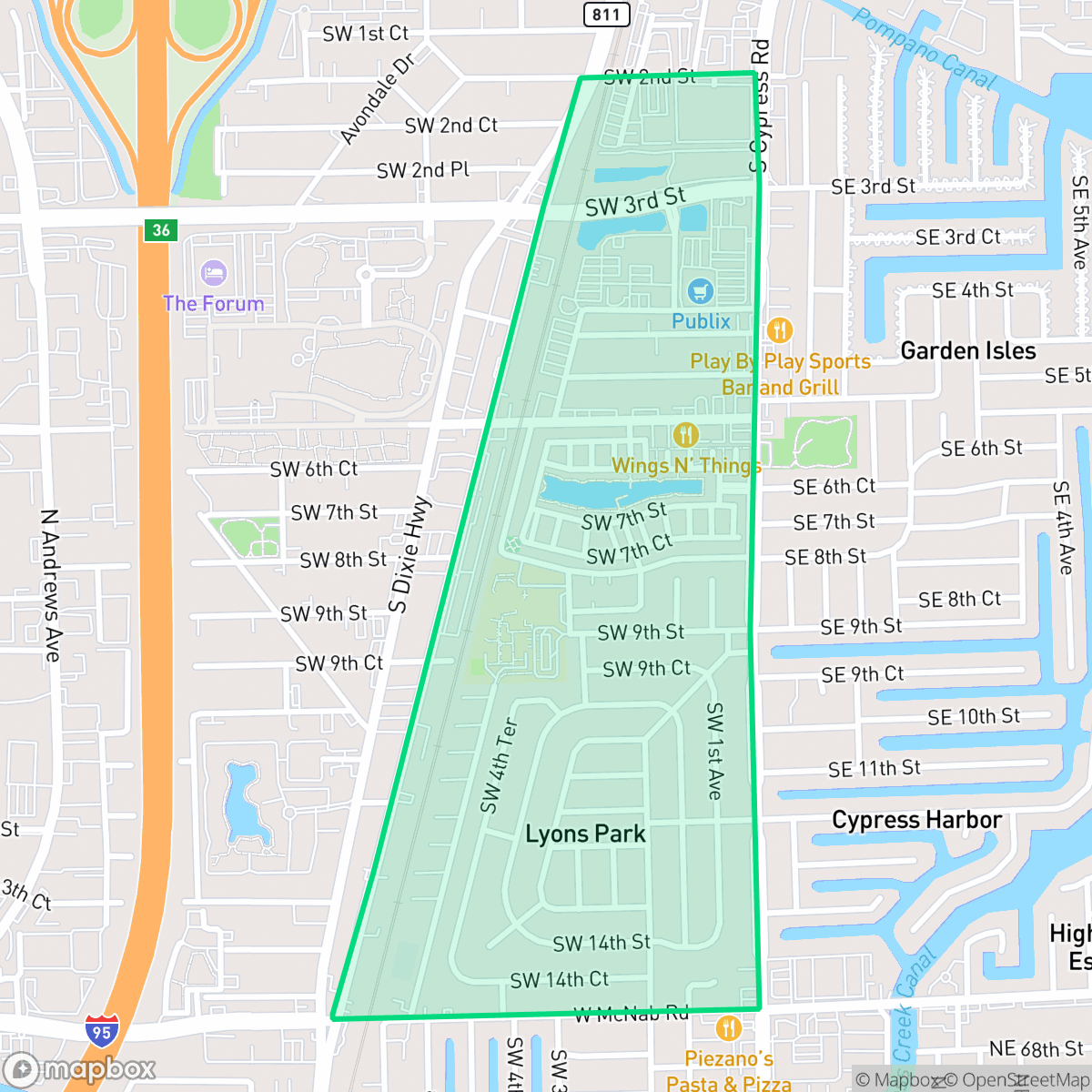 Map showing the location of Lyons Park, Pompano Beach, FL