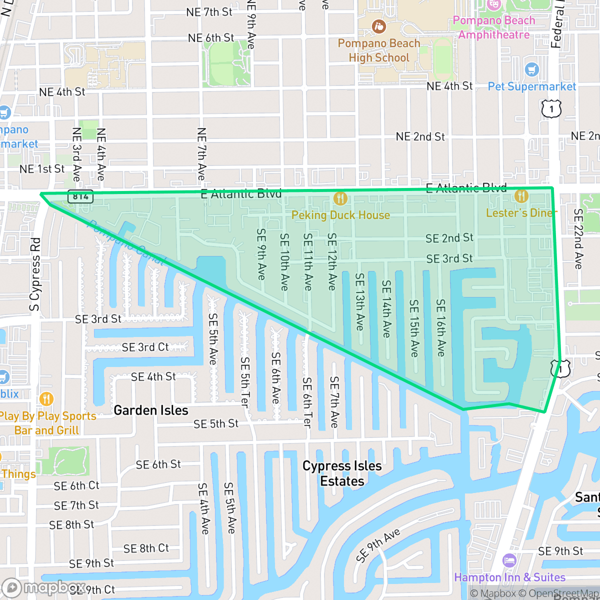 Map showing the location of Snug Harbor, Pompano Beach, FL