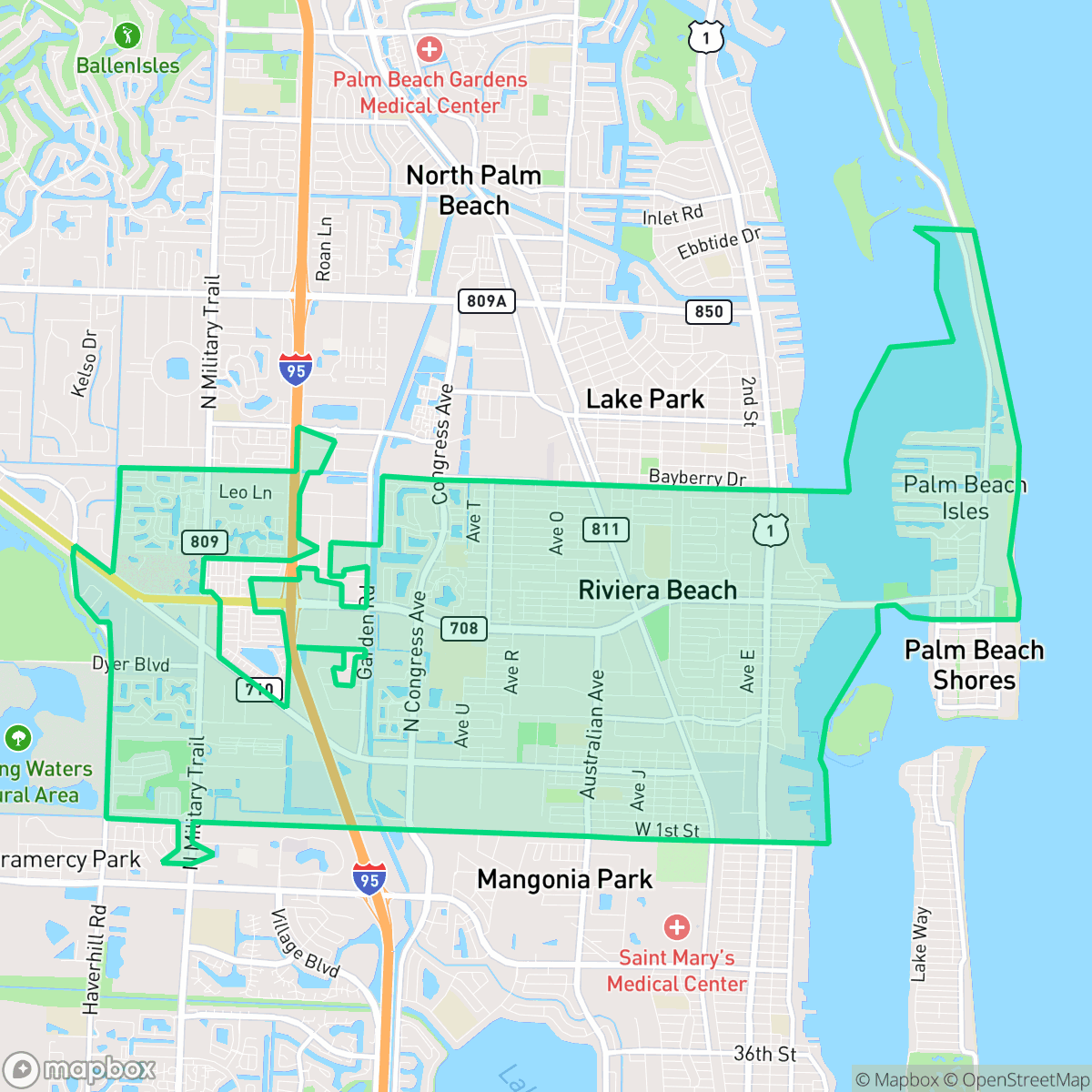 Map showing the location of Riviera Beach, FL — coverage area