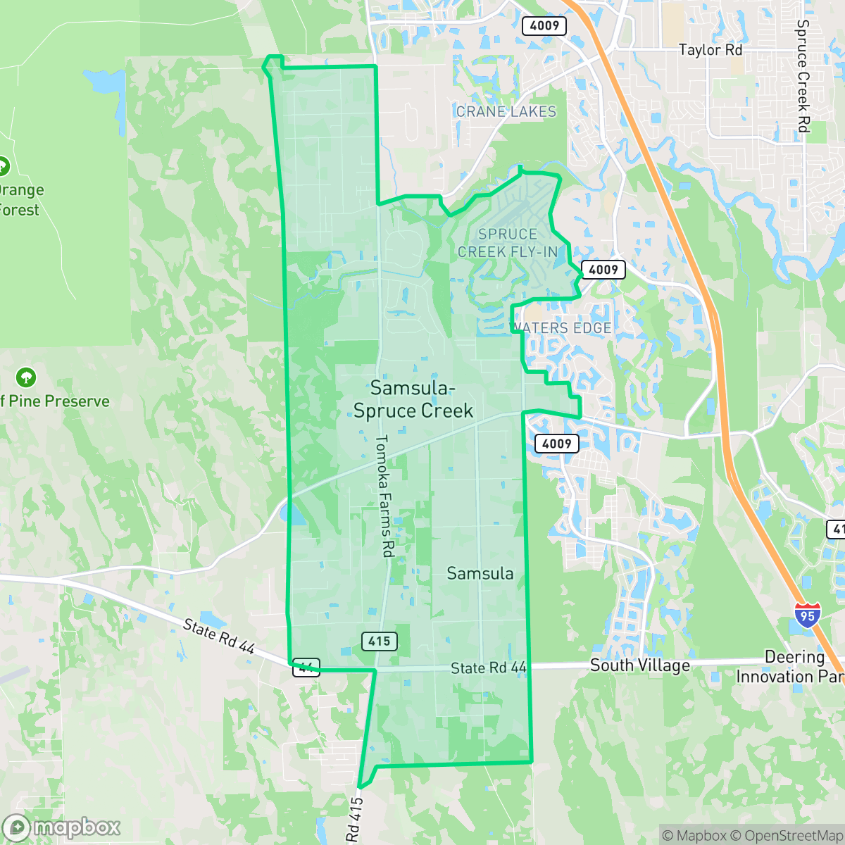 Map showing the location of Samsula-Spruce Creek, FL — coverage area