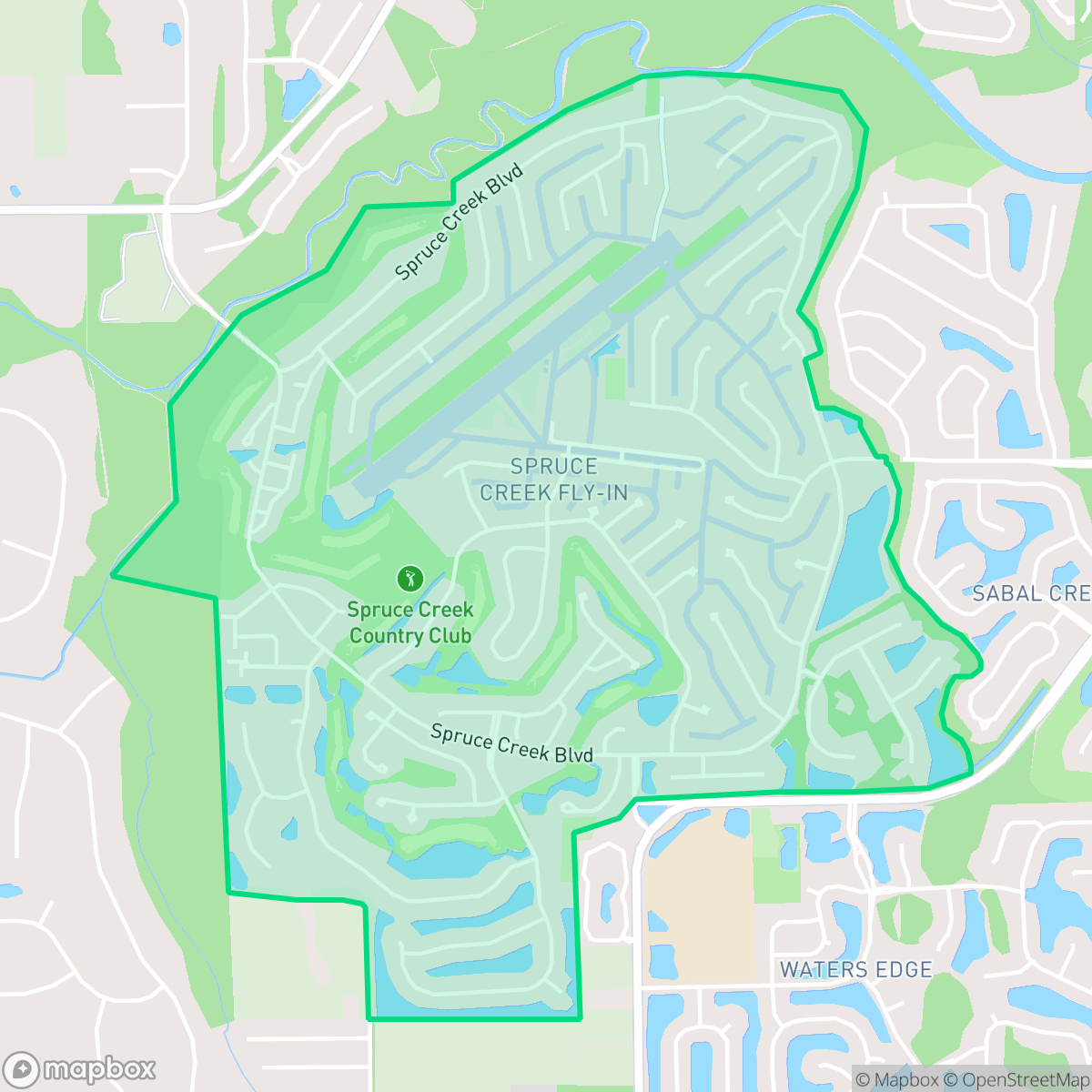 Map showing the location of Spruce Creek Fly-In, Samsula-Spruce Creek, FL