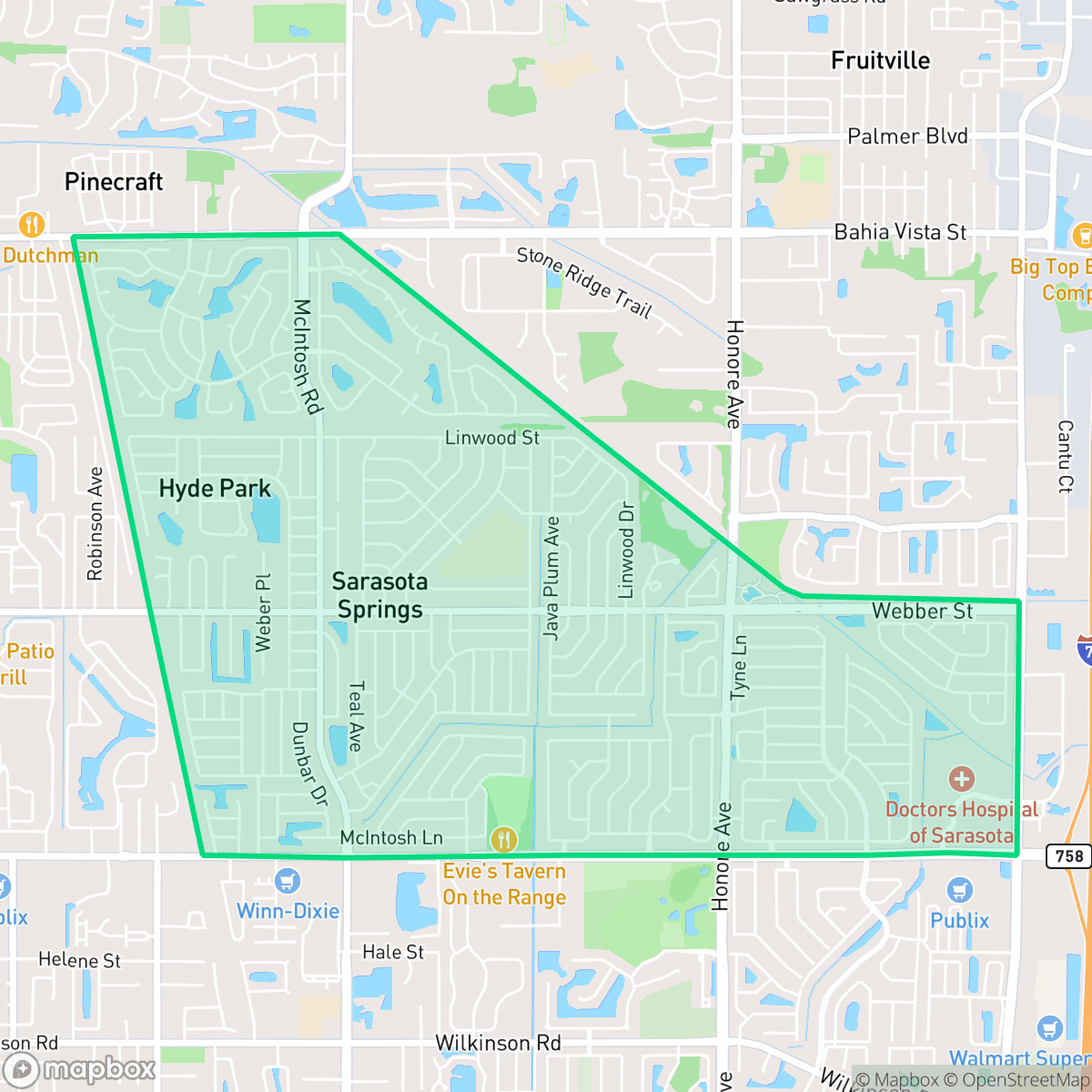 Map showing the location of Sarasota Springs, FL — coverage area