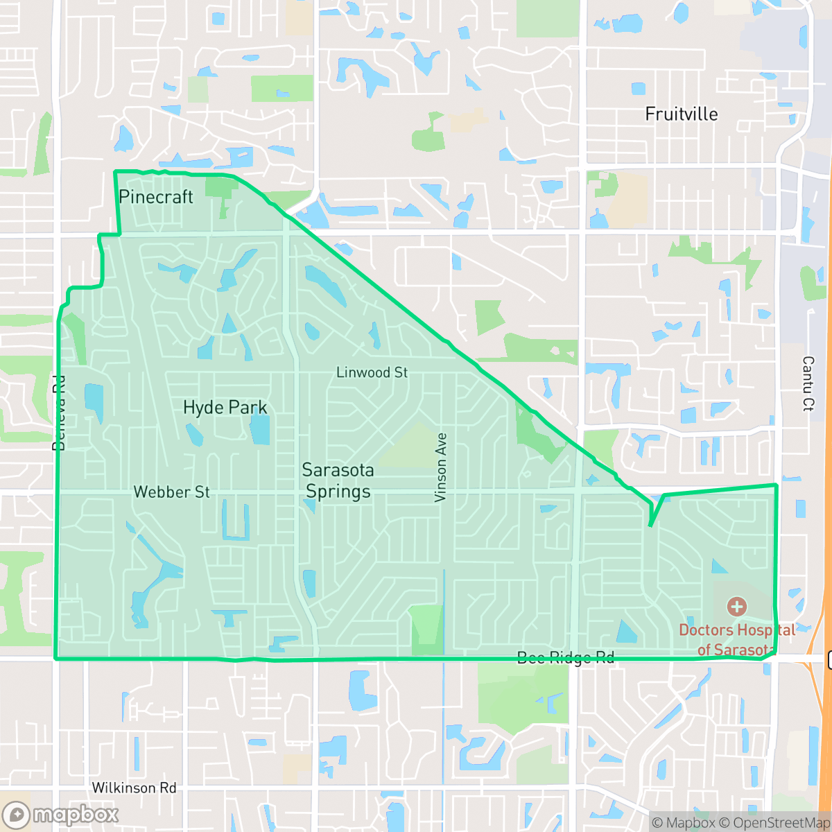 Map showing the location of Sarasota Springs, Sarasota Springs, FL