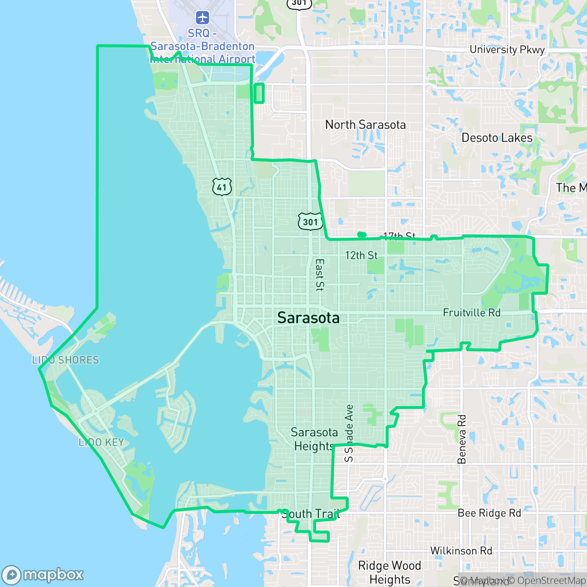 Map showing the location of Sarasota, FL — coverage area