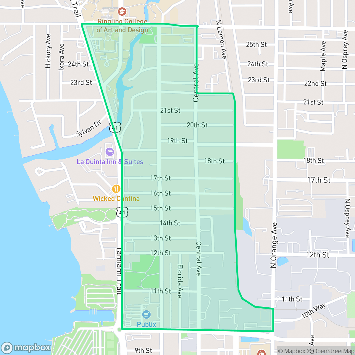 Map showing the location of Central Cocoanut, Sarasota, FL
