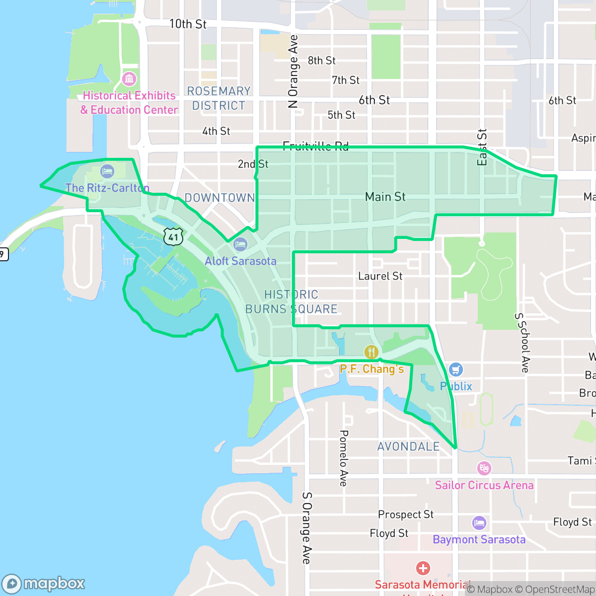 Map showing the location of Downtown, Sarasota, FL