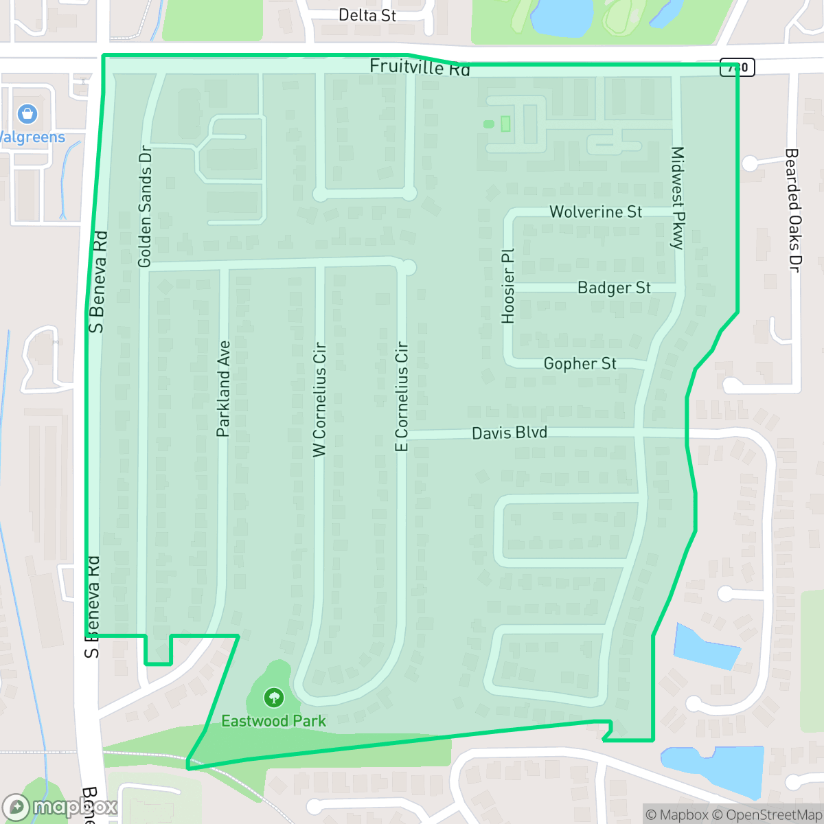 Map showing the location of Eastwood Oaks, Sarasota, FL