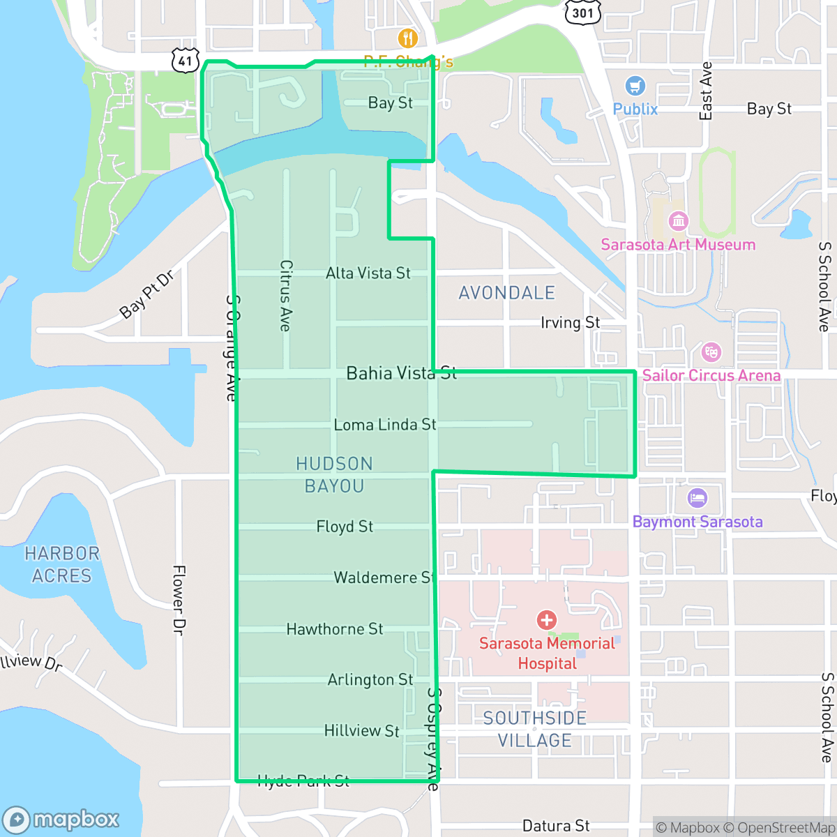 Map showing the location of Hudson Bayou, Sarasota, FL
