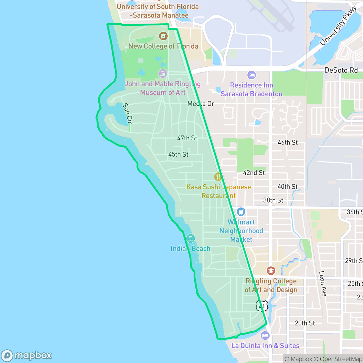 Map showing the location of Indian Beach-Sapphire Shores, Sarasota, FL
