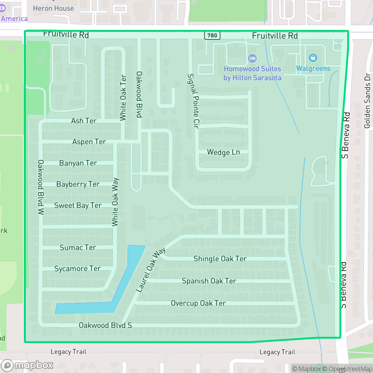 Map showing the location of Oakwood Manor, Sarasota, FL