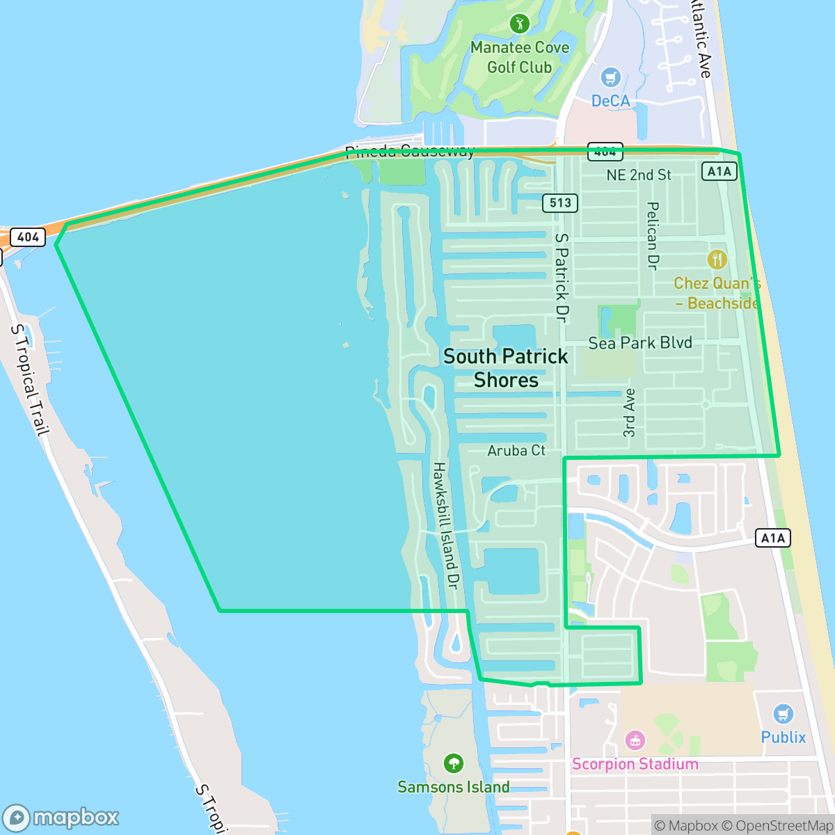 Map showing the location of South Patrick Shores, FL — coverage area