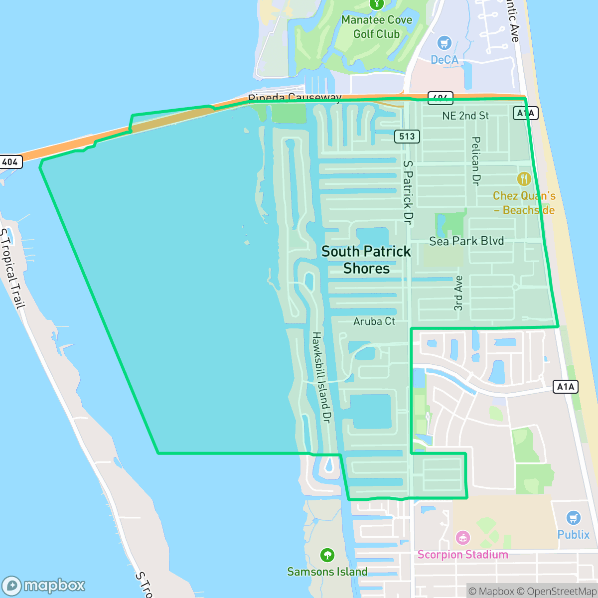 Map showing the location of South Patrick Shores, South Patrick Shores, FL