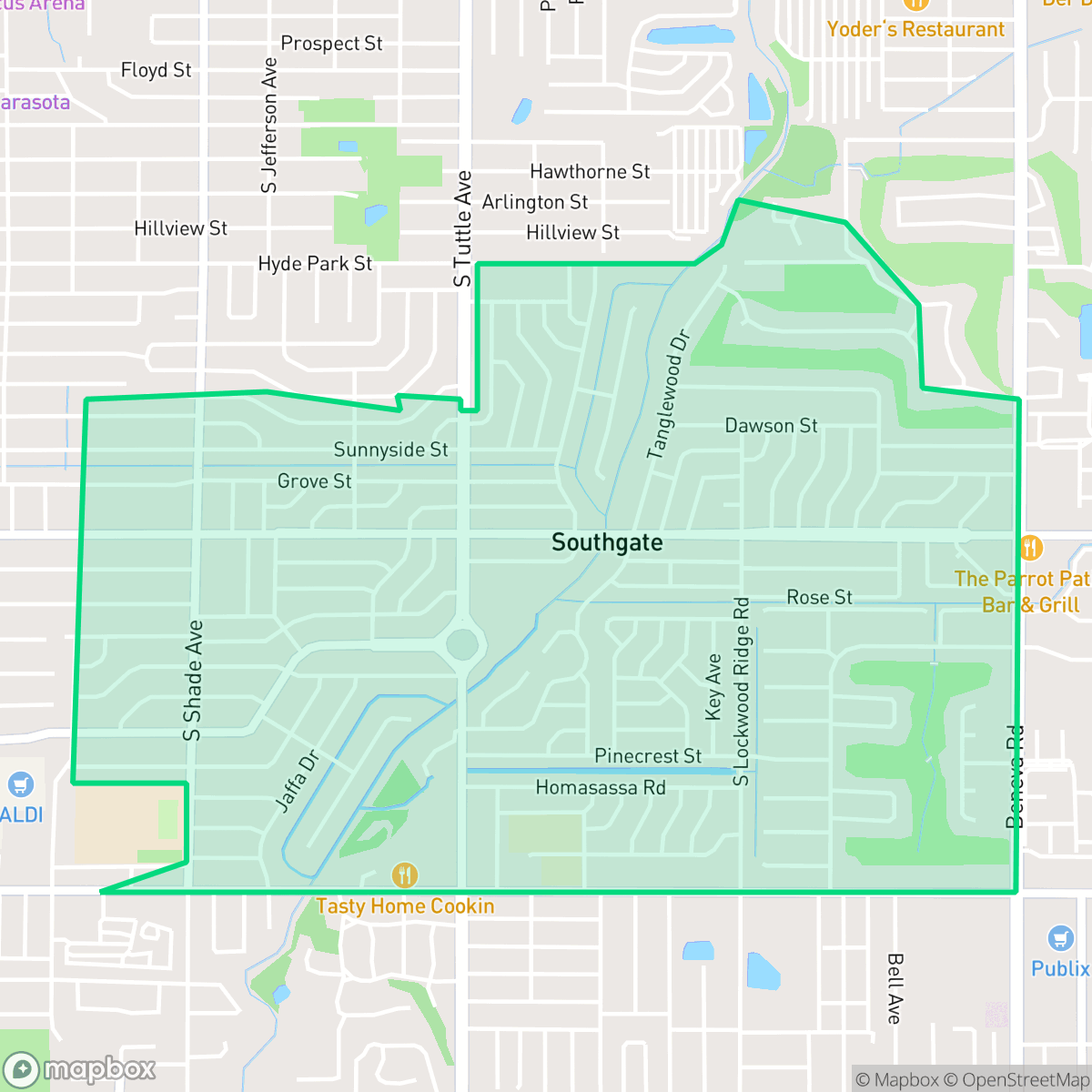 Map showing the location of Southgate, FL — coverage area