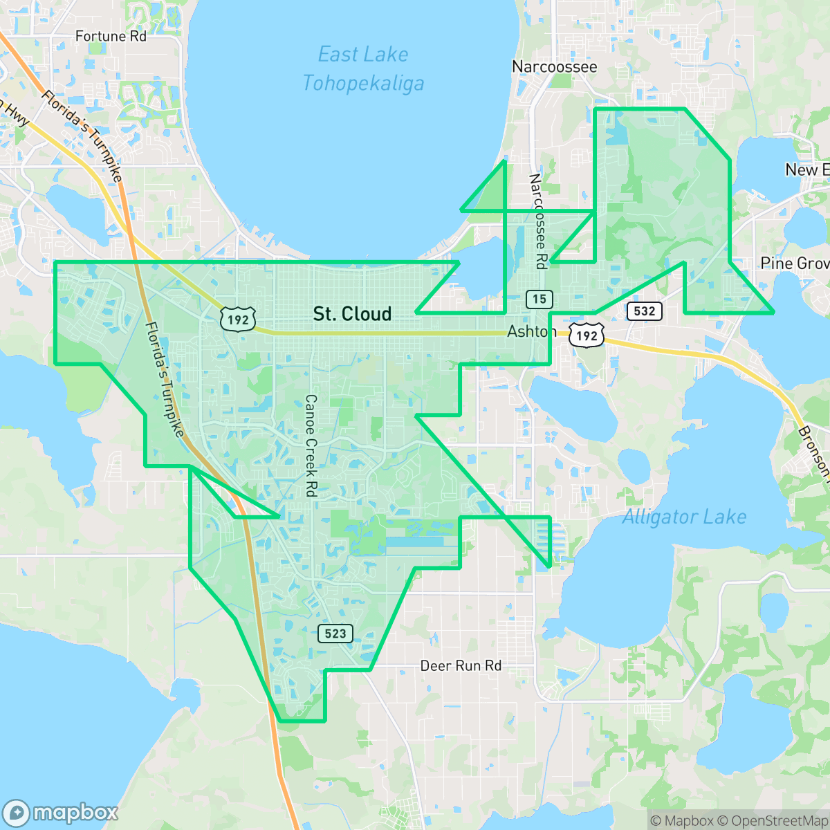 Map showing the location of St. Cloud, FL — coverage area