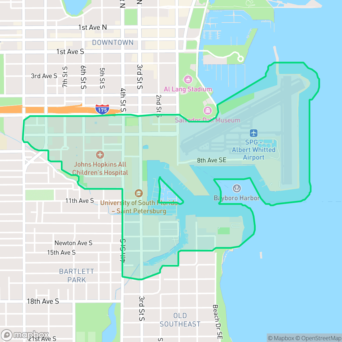 Map showing the location of Albert Whitted Airport, St. Petersburg, FL