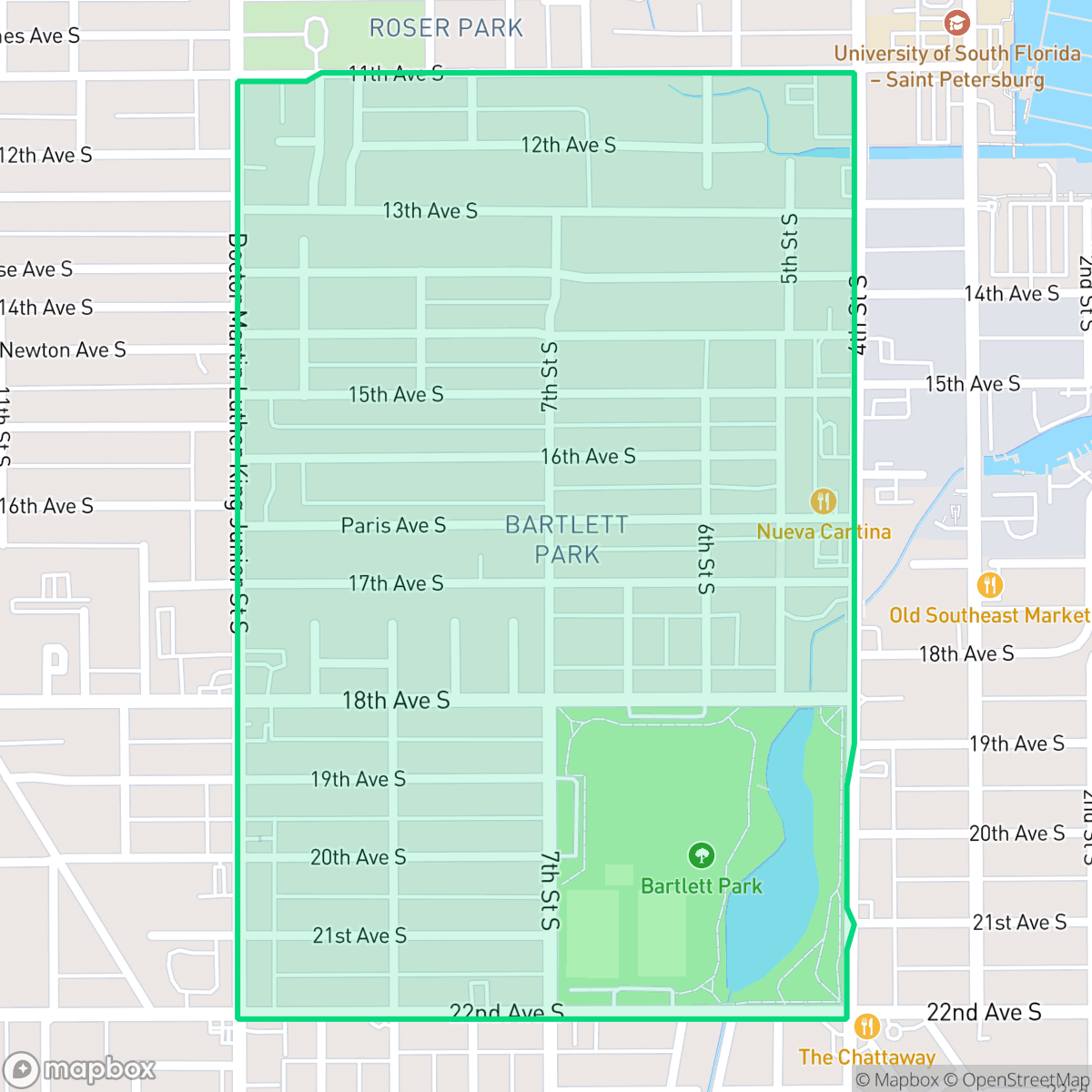 Map showing the location of Bartlett Park, St. Petersburg, FL