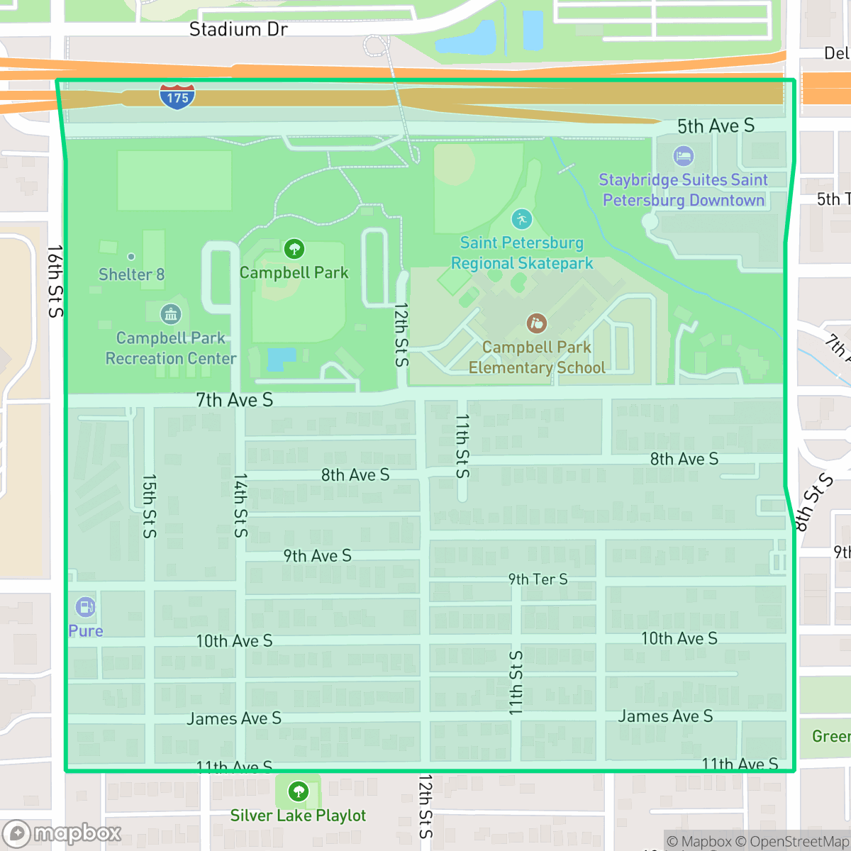 Map showing the location of Campbell Park, St. Petersburg, FL