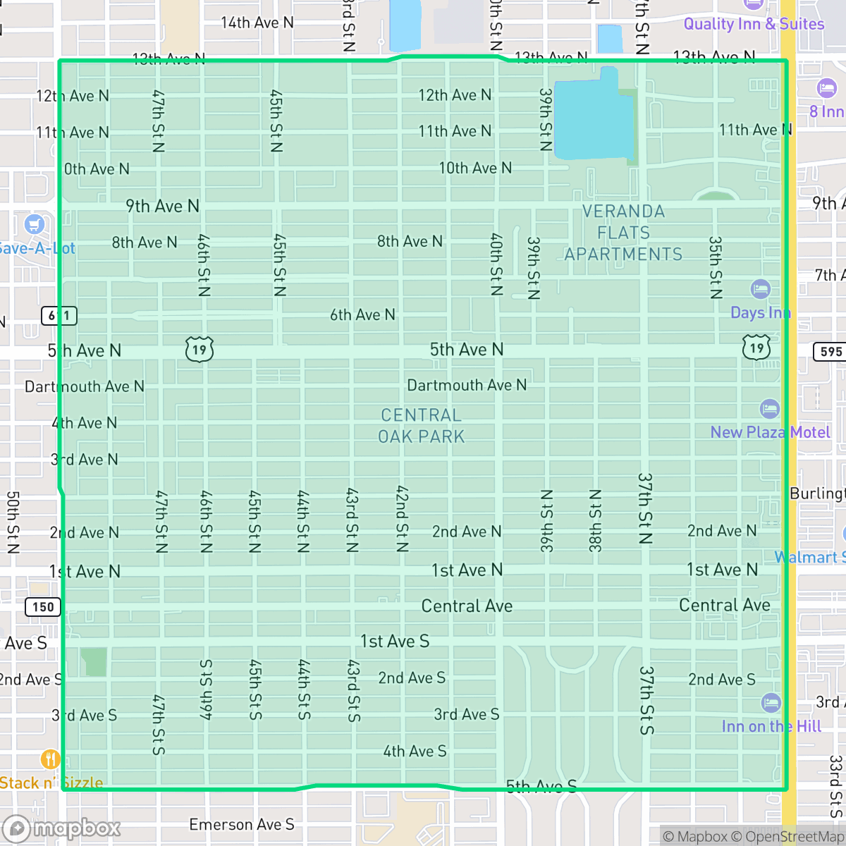Map showing the location of Central Oak Park, St. Petersburg, FL