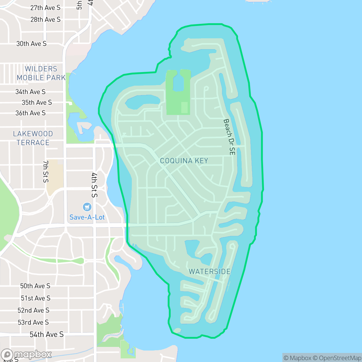 Map showing the location of Coquina Key, St. Petersburg, FL