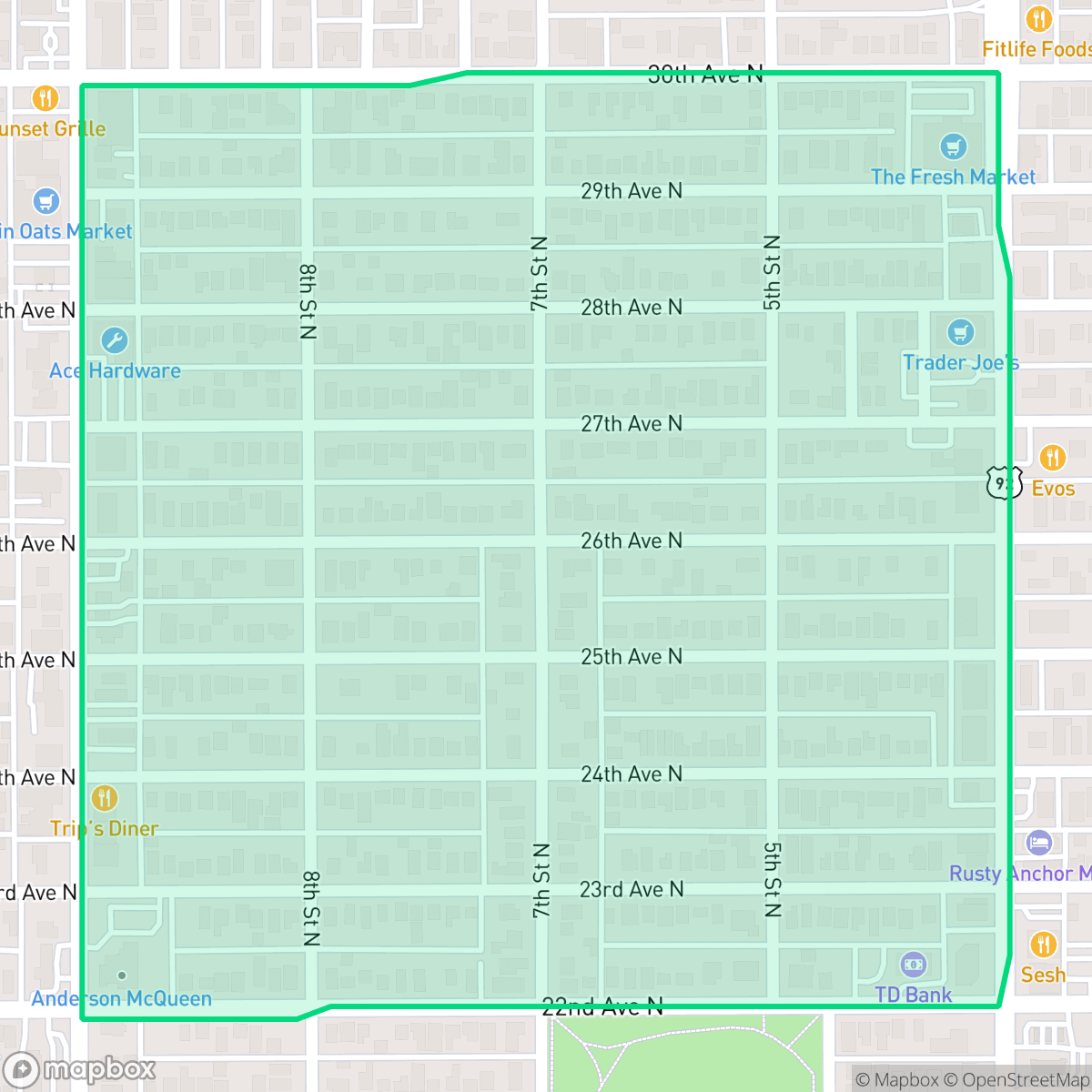 Map showing the location of Crescent Heights, St. Petersburg, FL