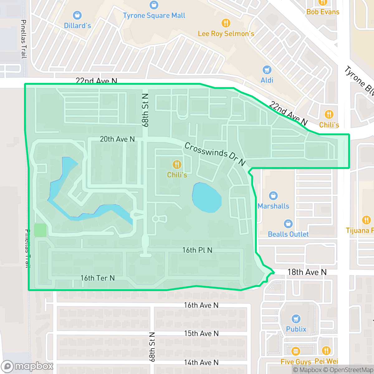 Map showing the location of Crosswinds Colony, St. Petersburg, FL
