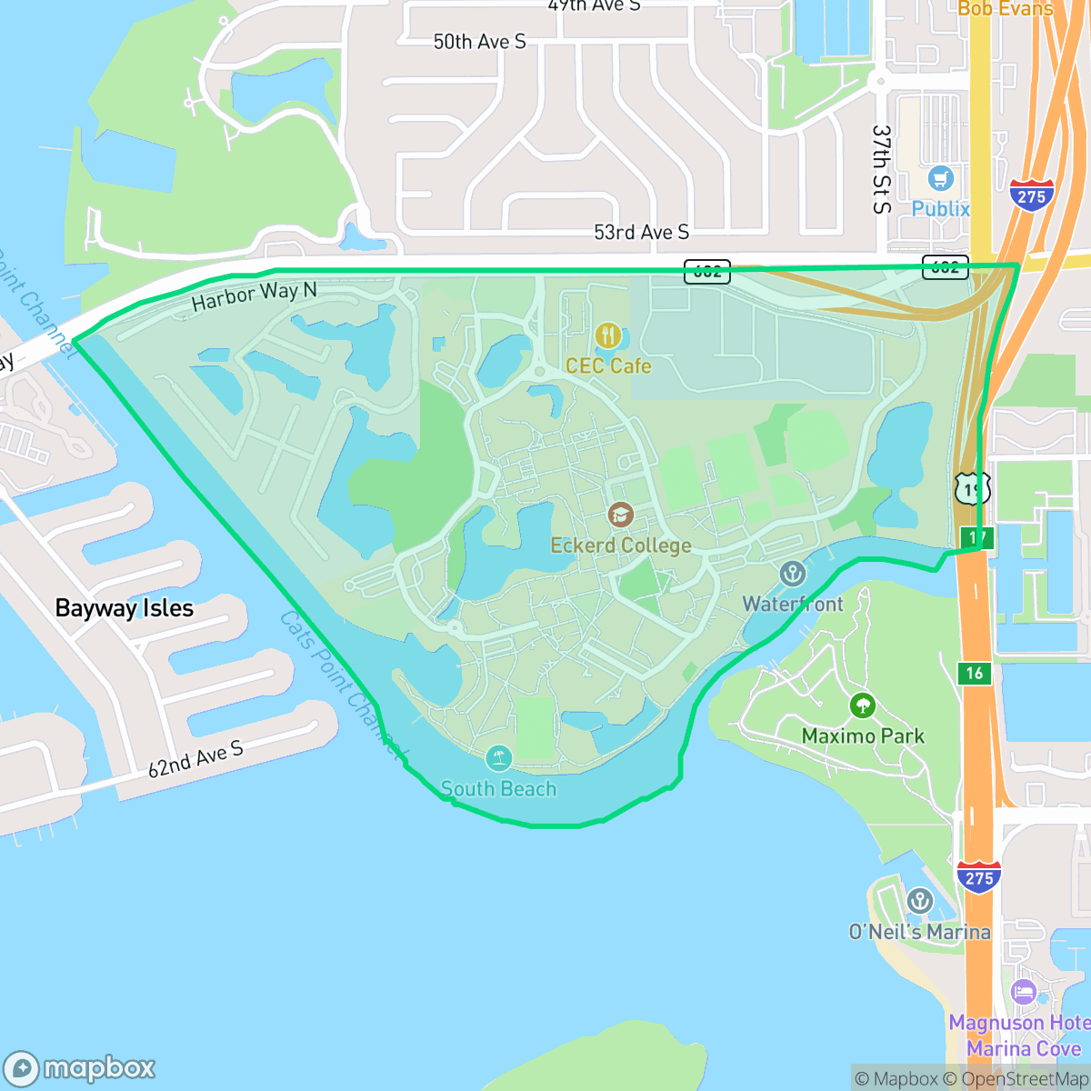 Map showing the location of Eckerd College, St. Petersburg, FL