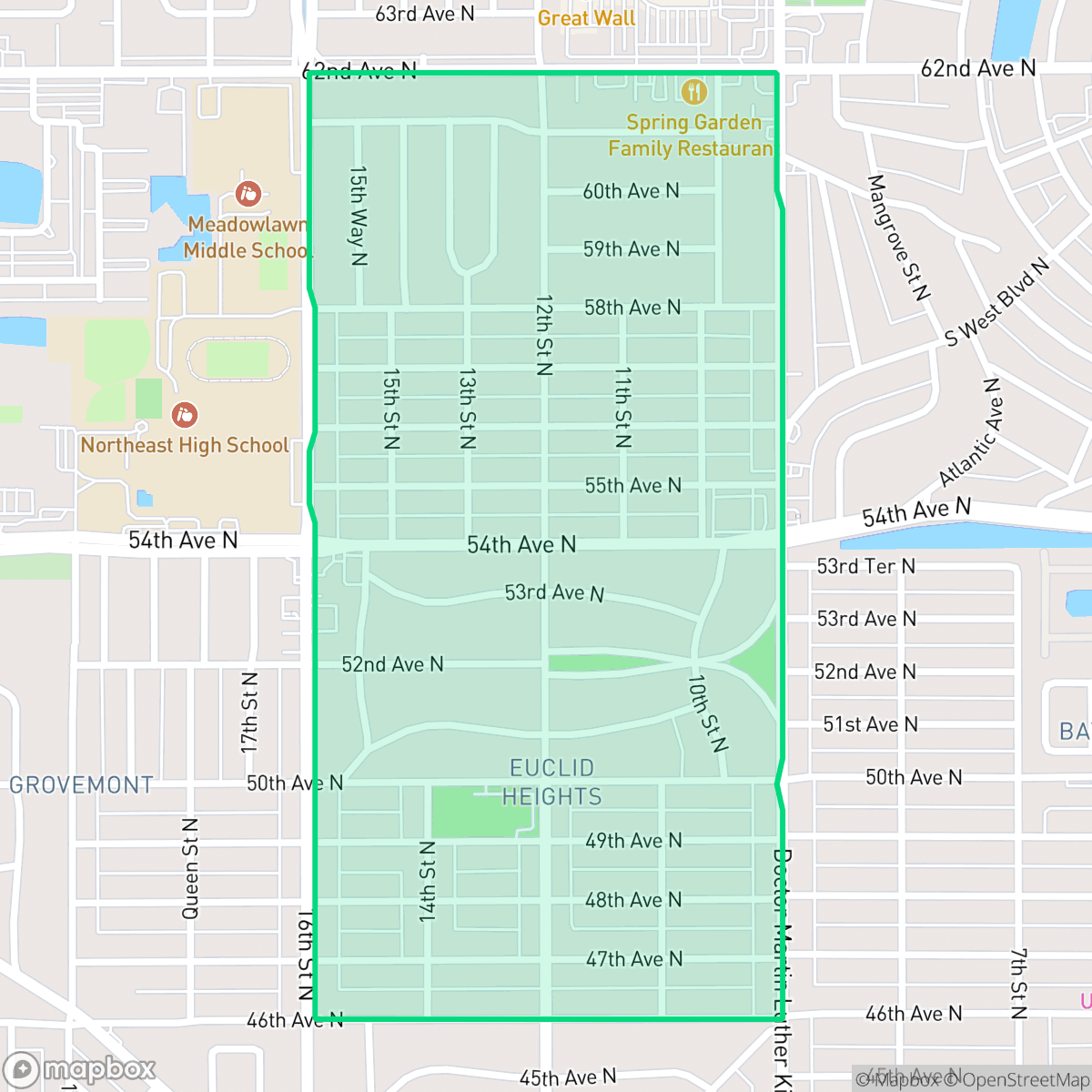 Map showing the location of Euclid Heights, St. Petersburg, FL