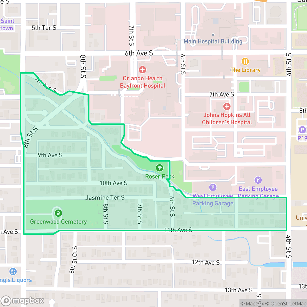 Map showing the location of Historic Roser Park, St. Petersburg, FL
