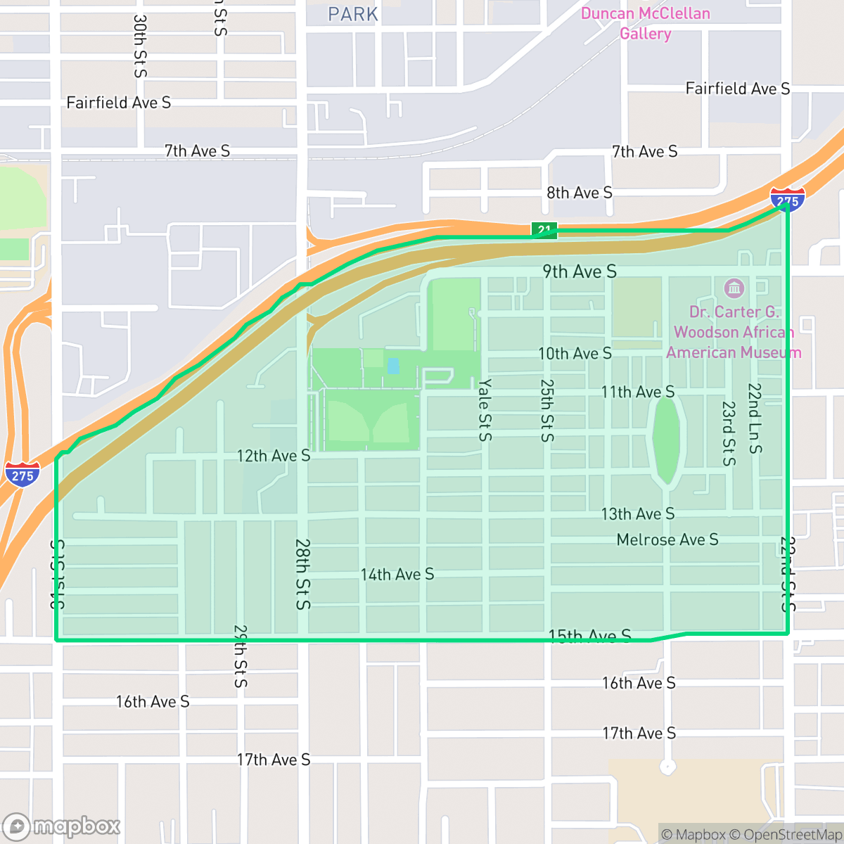 Map showing the location of Jordan Park, St. Petersburg, FL