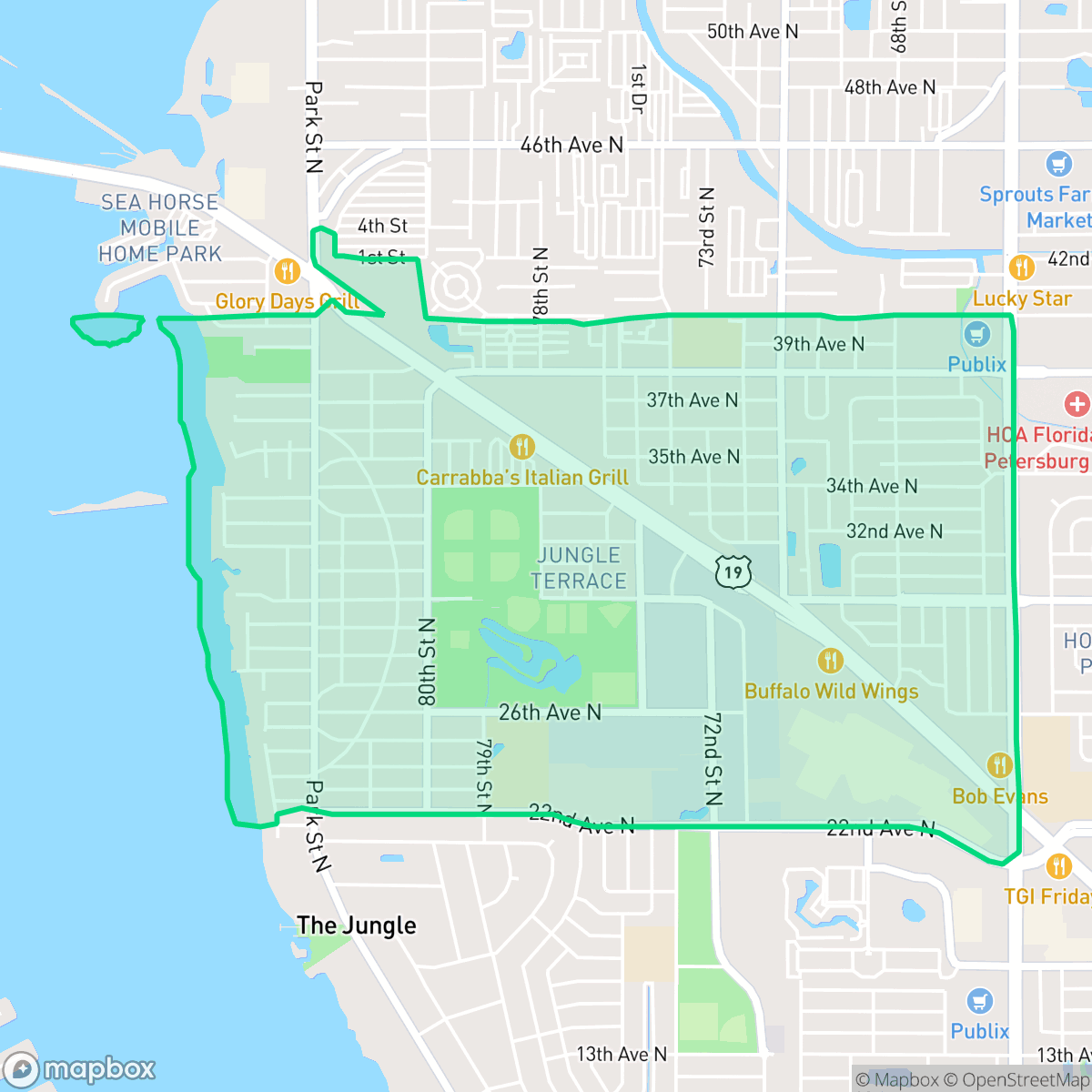 Map showing the location of Jungle Terrace, St. Petersburg, FL