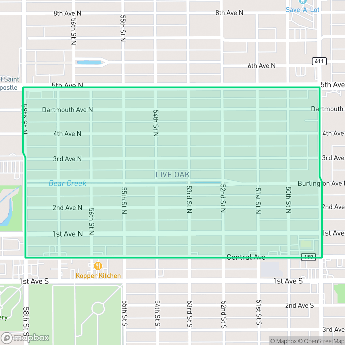 Map showing the location of Live Oak, St. Petersburg, FL