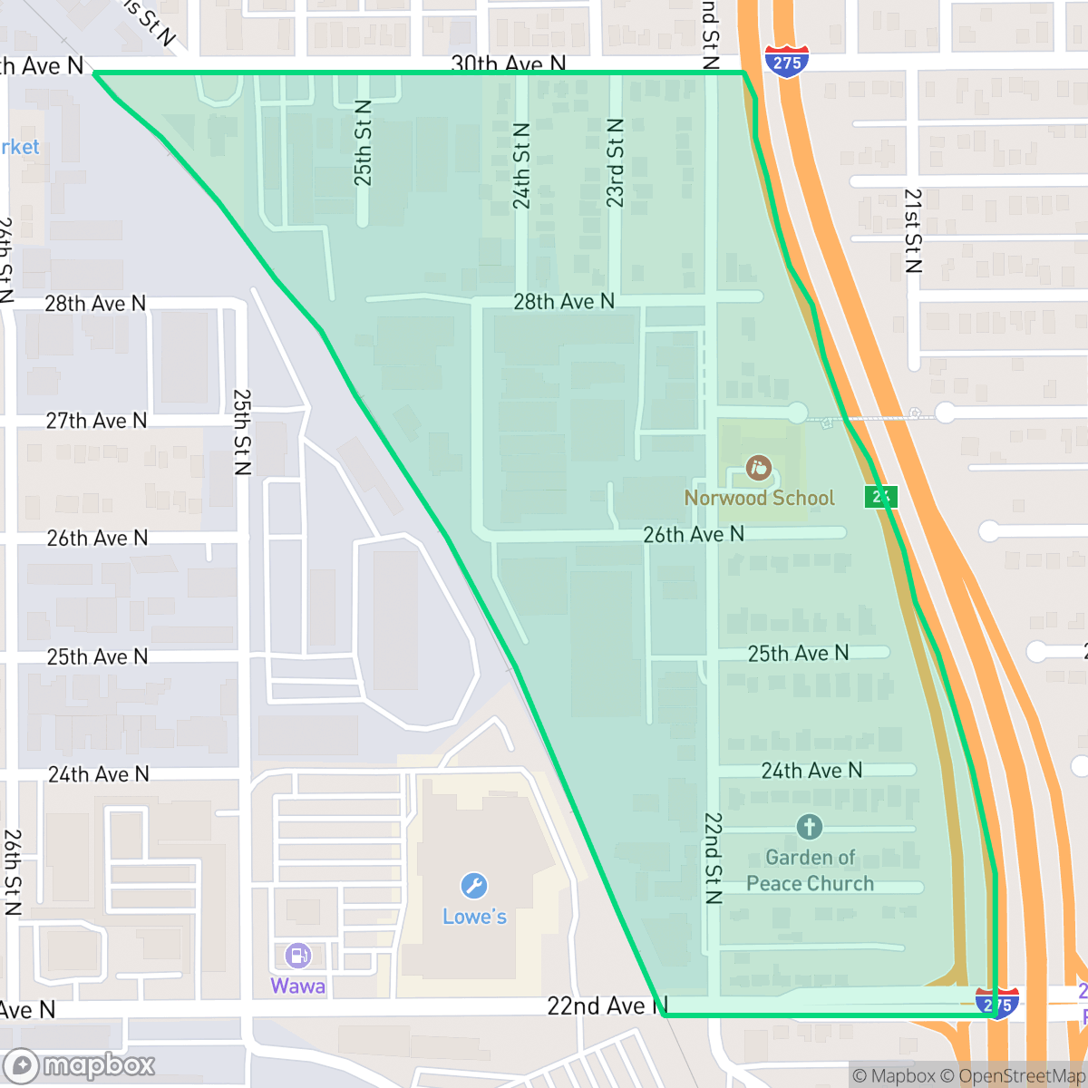 Map showing the location of Norwood Heights, St. Petersburg, FL