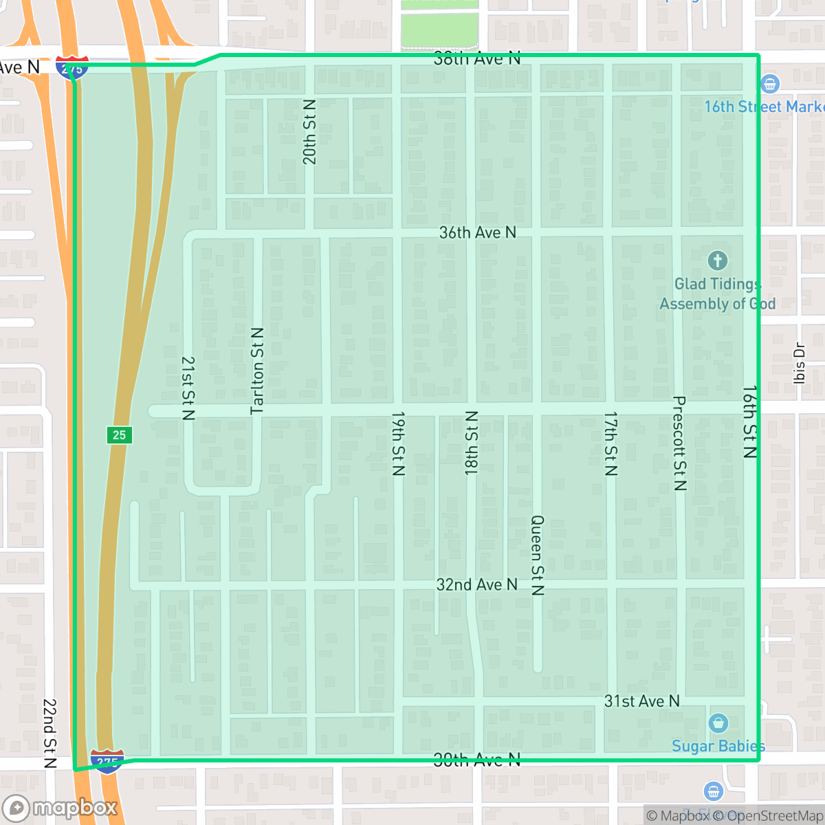 Map showing the location of Oakwood Gardens, St. Petersburg, FL