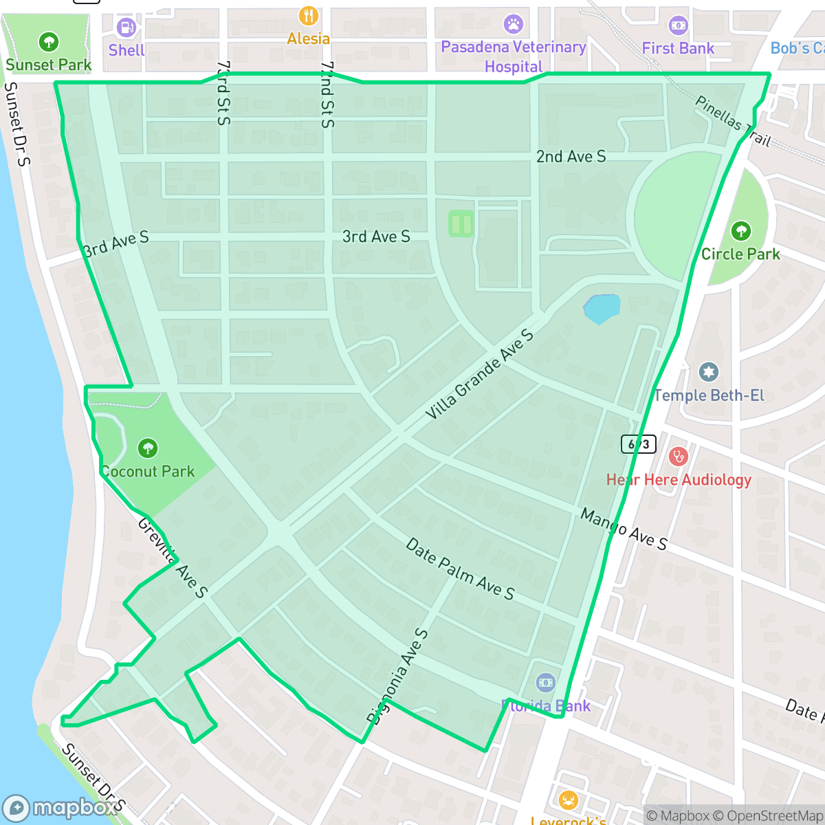 Map showing the location of Old Pasadena, St. Petersburg, FL