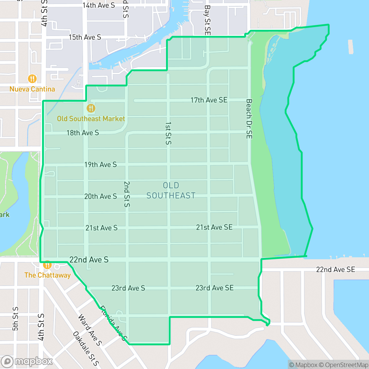 Map showing the location of Old Southeast, St. Petersburg, FL