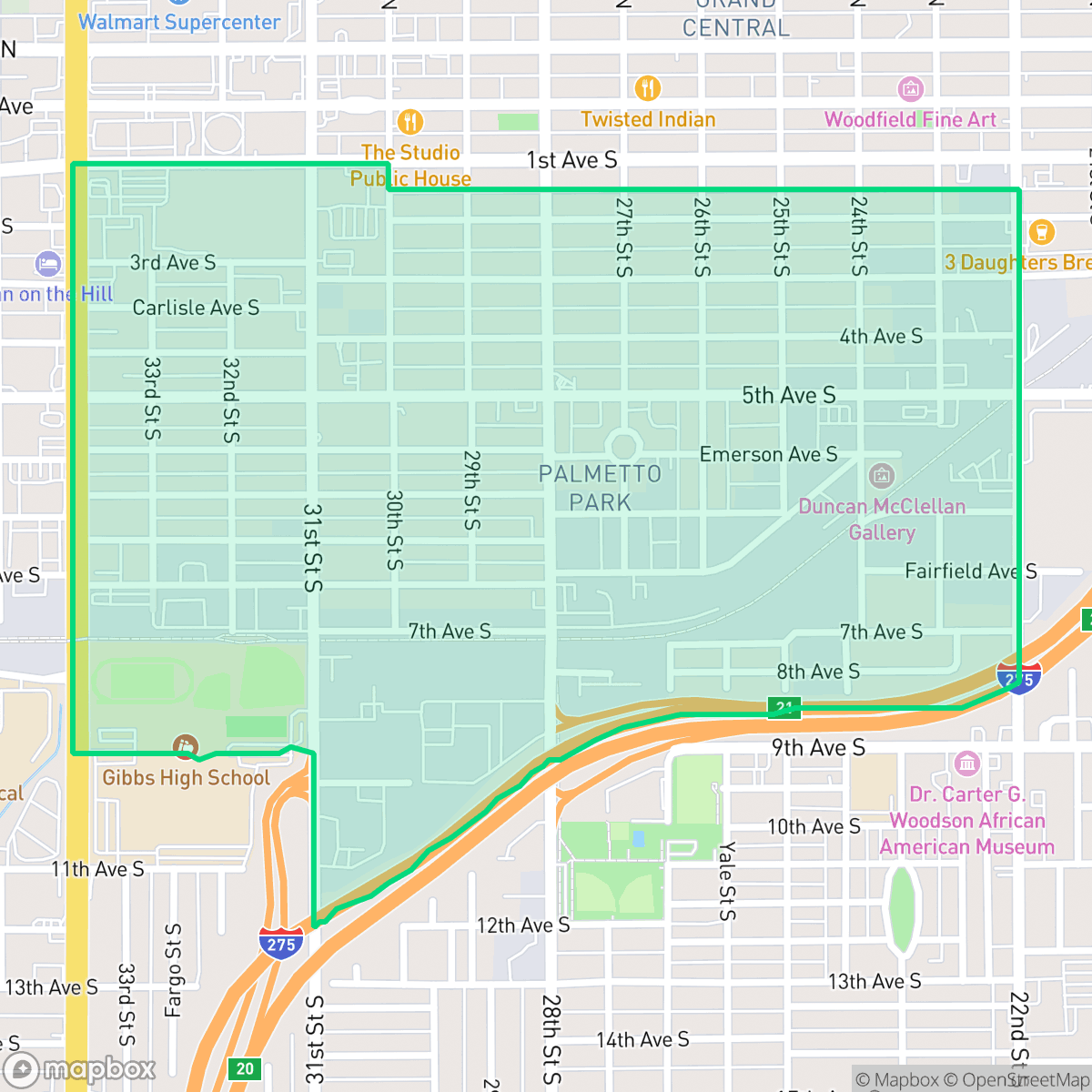 Map showing the location of Palmetto Park, St. Petersburg, FL