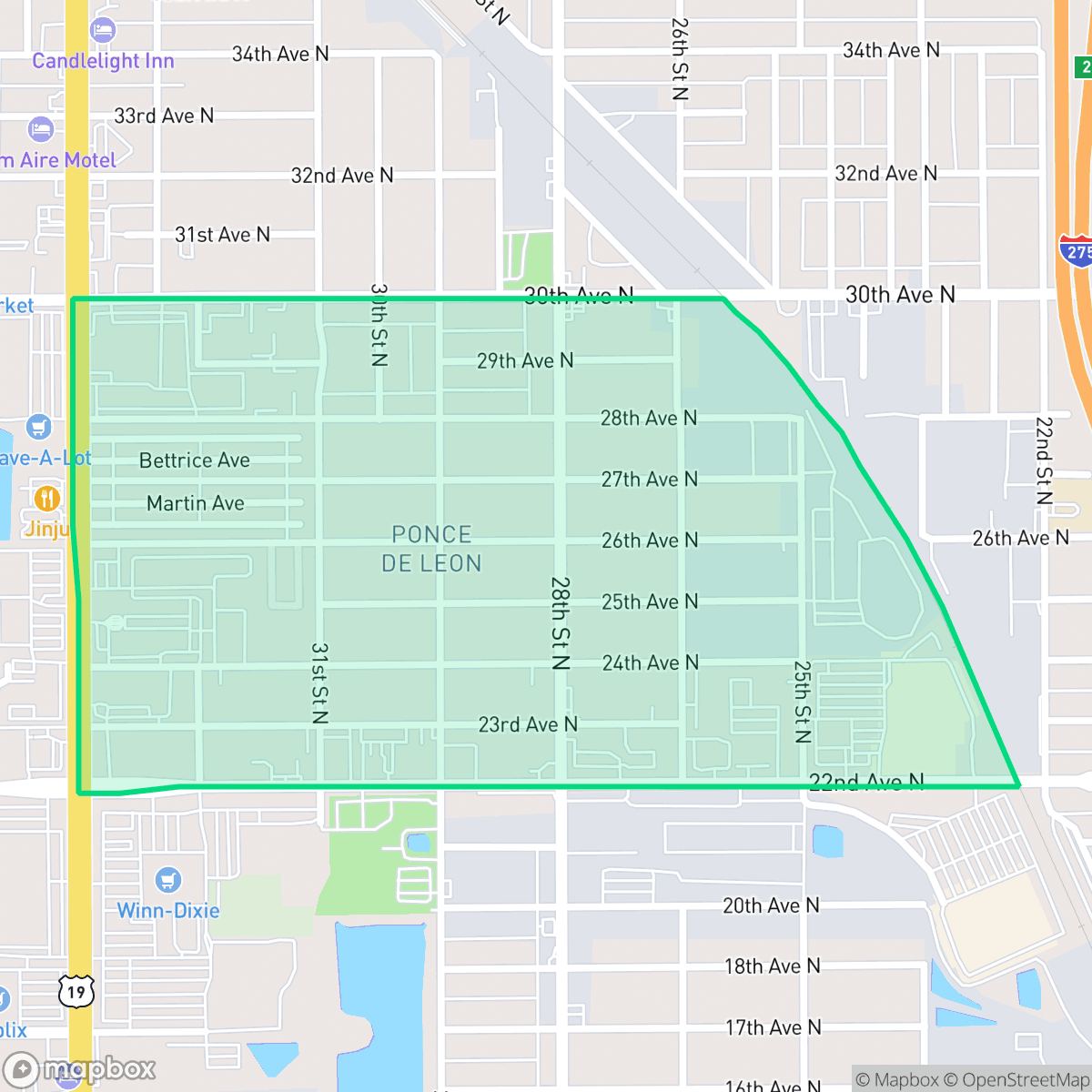 Map showing the location of Ponce De Leon, St. Petersburg, FL