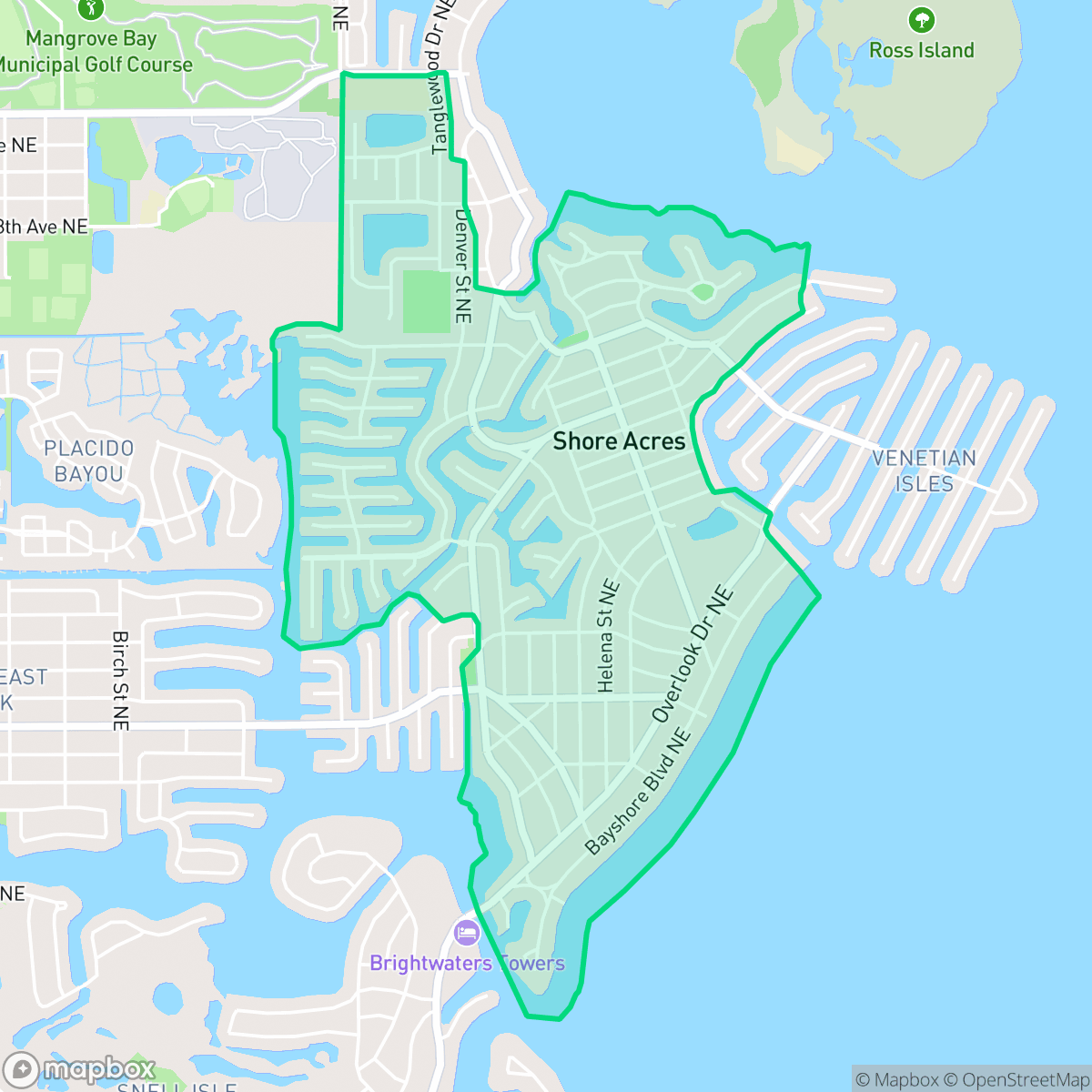 Map showing the location of Shore Acres, St. Petersburg, FL