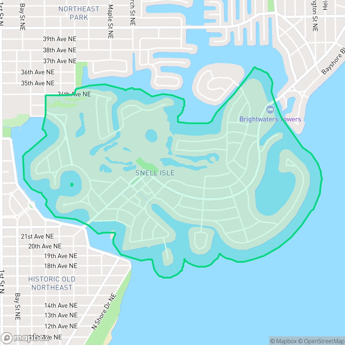 Map showing the location of Snell Isle, St. Petersburg, FL