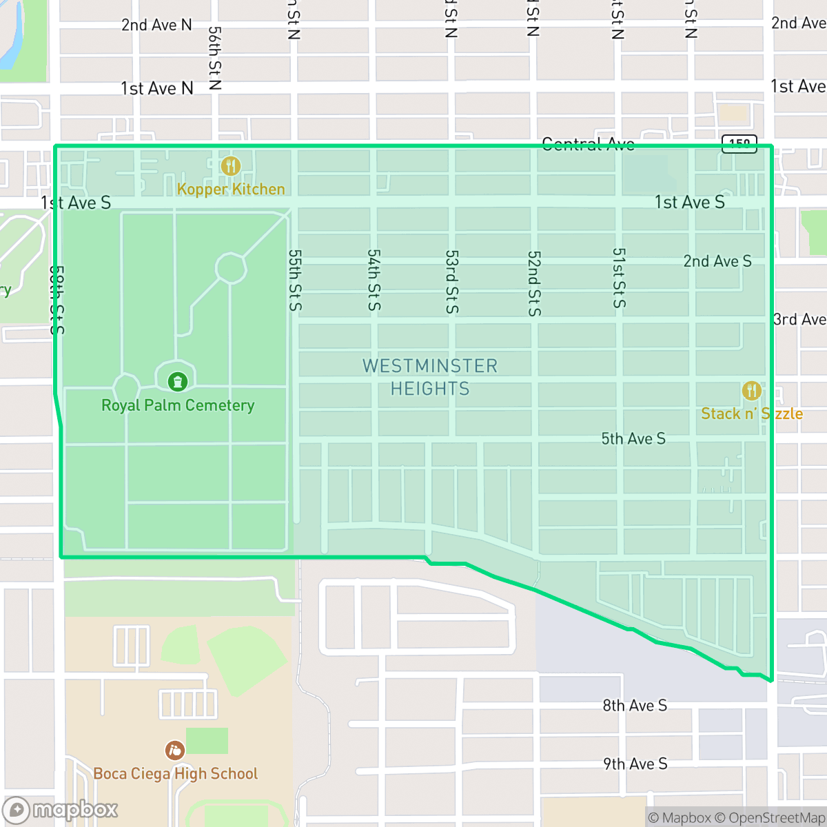 Map showing the location of Westminster Heights, St. Petersburg, FL