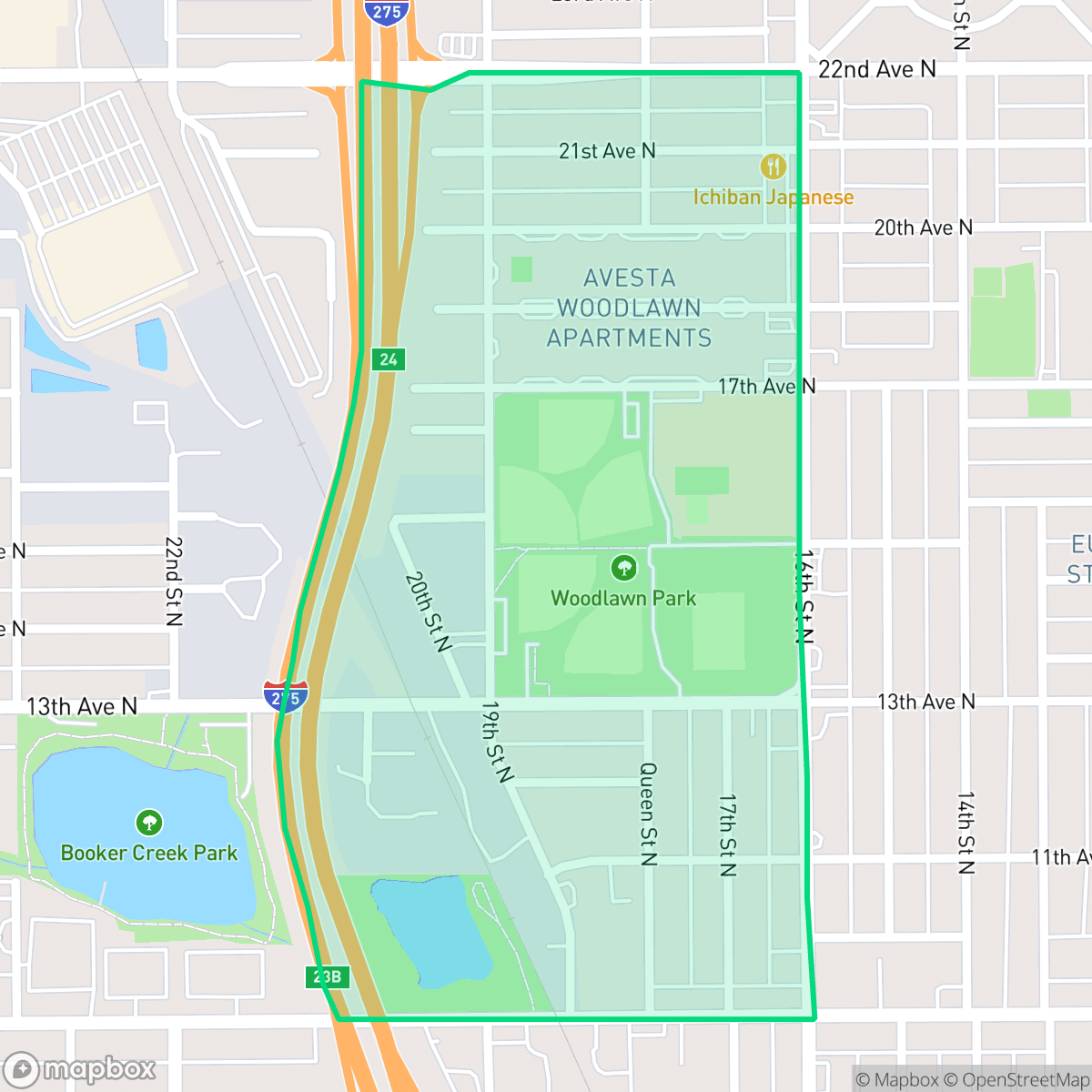 Map showing the location of Woodlawn Oaks, St. Petersburg, FL