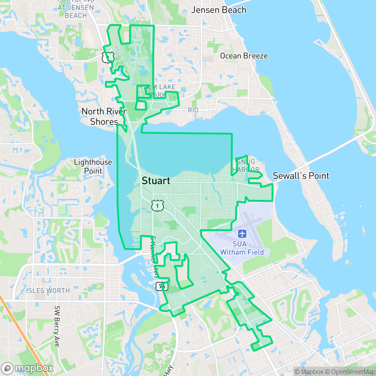 Map showing the location of Stuart, FL — coverage area