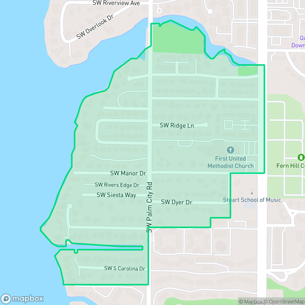 Map showing the location of Indian Groves/Poppleton South, Stuart, FL