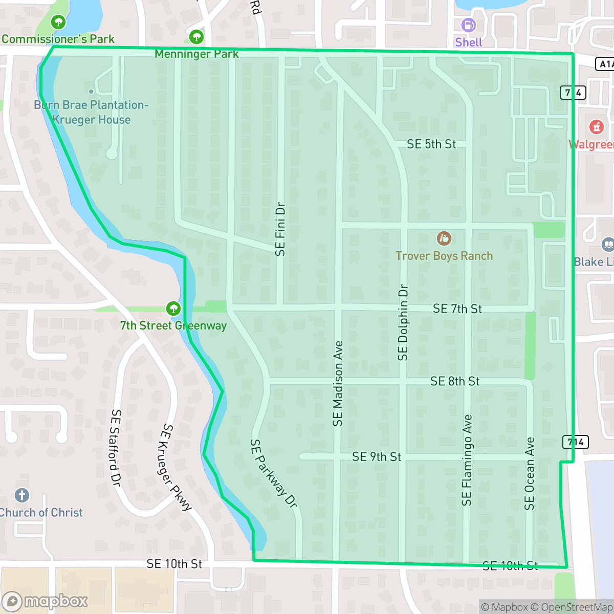 Map showing the location of St. Lucie Estates/Broadway, Stuart, FL