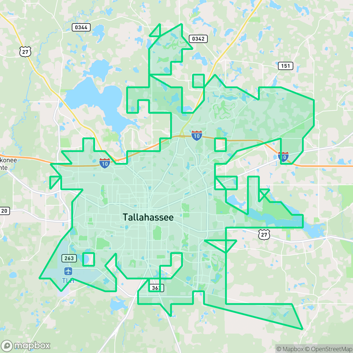 Map showing the location of Tallahassee, FL — coverage area